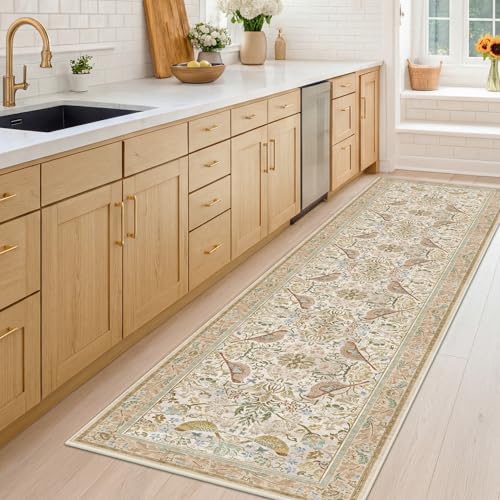 Beige 10 ft Long Vintage Runner Rugs for Hallways - 2x10 Kitchen Runners Non Slip Washable, Low Pile Entryway Rug, with Flowers and Leaves Décor