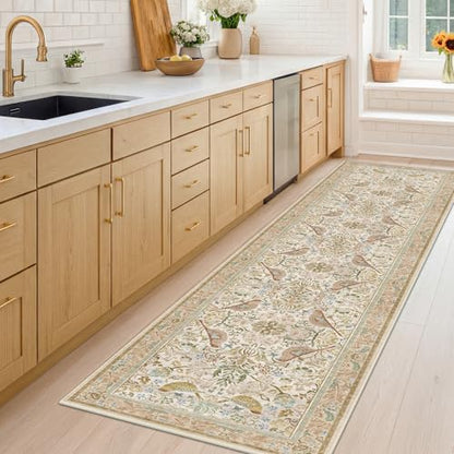 Beige 10 ft Long Vintage Runner Rugs for Hallways - 2x10 Kitchen Runners Non Slip Washable, Low Pile Entryway Rug, with Flowers and Leaves Décor