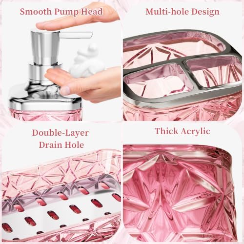 Pink Bathroom Accessories 7 Pcs, Pink Bathroom Set, Acrylic Soap Dispenser and Toothbrush Holder Set, Qtip Holder Set, Bathroom Sink Set, Gift for Home Apartment