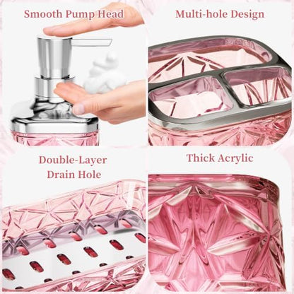 Pink Bathroom Accessories 7 Pcs, Pink Bathroom Set, Acrylic Soap Dispenser and Toothbrush Holder Set, Qtip Holder Set, Bathroom Sink Set, Gift for Home Apartment
