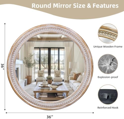 36 Inch Rustic Farmhouse Round Mirrors for Wall Decor, Wooden Circle Mirror