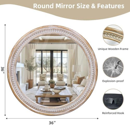 36 Inch Rustic Farmhouse Round Mirrors for Wall Decor, Wooden Circle Mirror