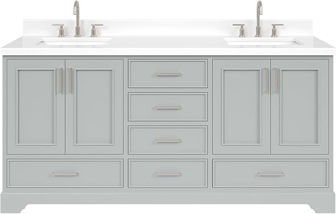 Langford 72-inch Grey Bathroom Vanity with Left & Right Rectangle Double Sinks, Pure White Quartz Countertop & Backsplash, Solid Wood Frame, Soft-Closing & Dovetail Drawers