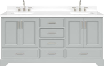 Langford 72-inch Grey Bathroom Vanity with Left & Right Rectangle Double Sinks, Pure White Quartz Countertop & Backsplash, Solid Wood Frame, Soft-Closing & Dovetail Drawers