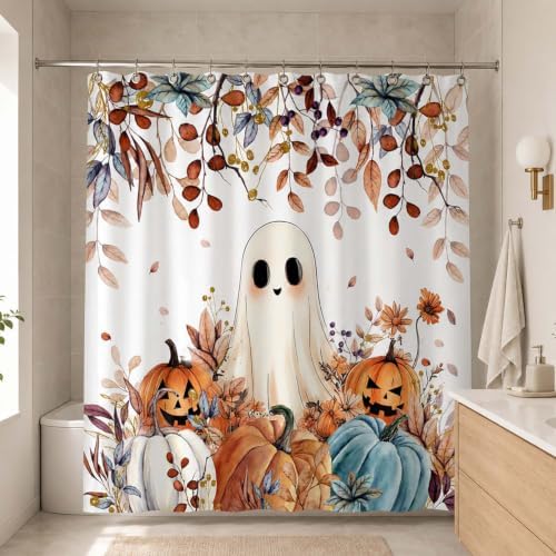 Fall Funny Ghost Shower Curtain, Halloween Pumpkins Harvest Autumn Leaves Decor Bath Curtain, Maple Leaves Spooky Bathroom Accessories Set with Hooks