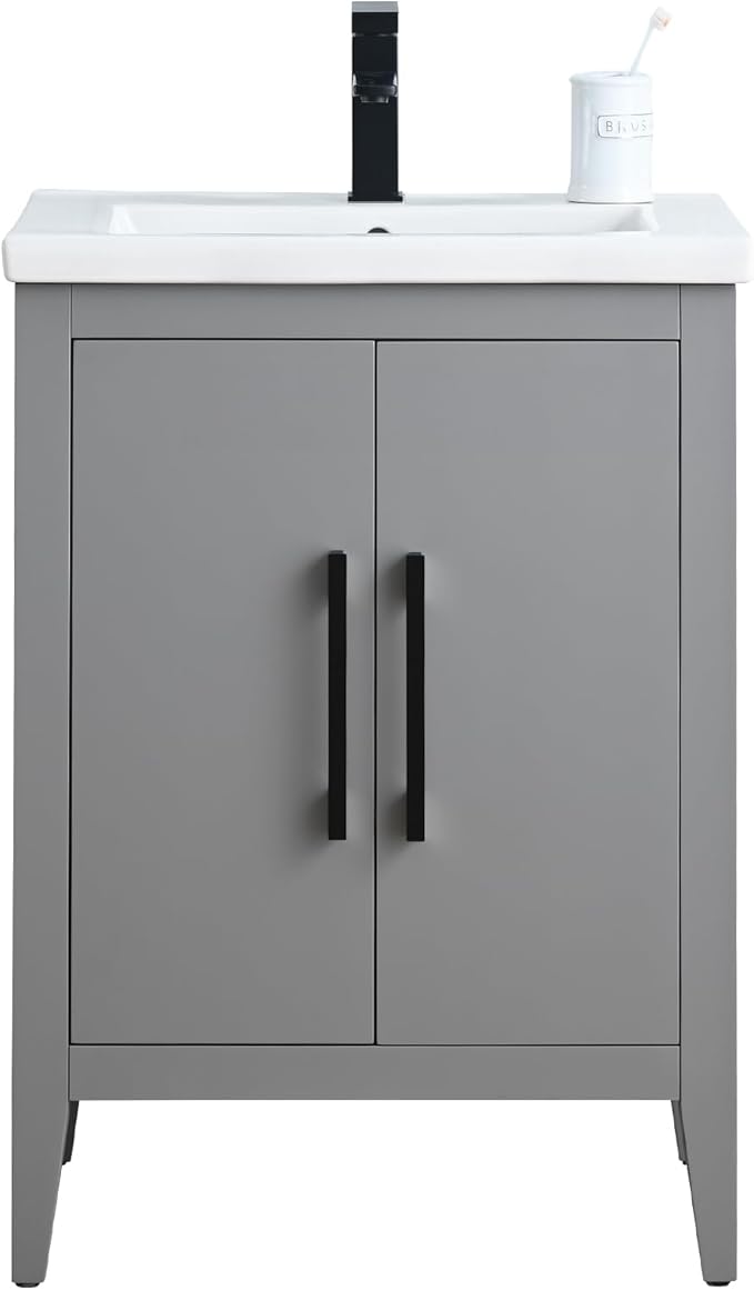 Vanity Art 24 inch Bathroom Vanity with Single Sink & Ceramic Top, Vanity Cabinet with Soft-Closing Doors, Solid Wood Frame, Cashmere Gray, VA9024-G-MB1