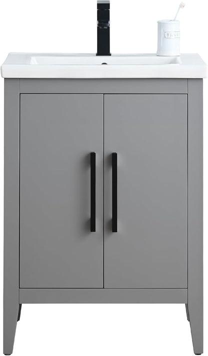 Vanity Art 24 inch Bathroom Vanity with Single Sink & Ceramic Top, Vanity Cabinet with Soft-Closing Doors, Solid Wood Frame, Cashmere Gray, VA9024-G-MB1