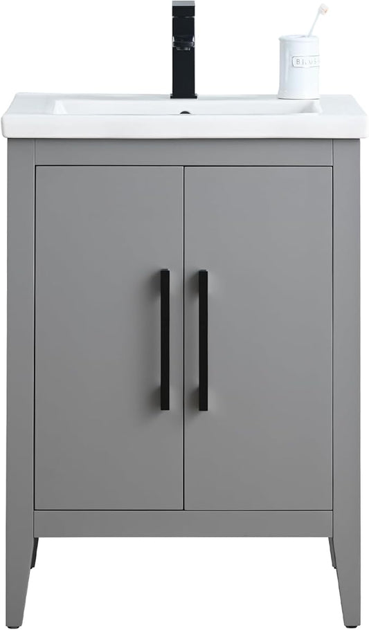 Vanity Art 24 inch Bathroom Vanity with Single Sink & Ceramic Top, Vanity Cabinet with Soft-Closing Doors, Solid Wood Frame, Cashmere Gray, VA9024-G-MB1