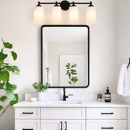 4-Light Bathroom Light Fixtures,Matte Black Bathroom Vanity Light Over Mirror with Cream White Glass Shade,Modern Farmhouse Wall Sconces Lighting for Bedroom Cabinet Kitchen Living Room