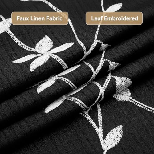 Embroidered Leaf Farmhouse Shower Curtain,Faux Linen,72Wx72L,Black