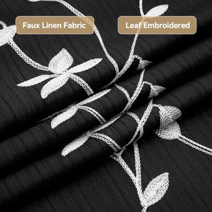 Embroidered Leaf Farmhouse Shower Curtain,Faux Linen,72Wx72L,Black