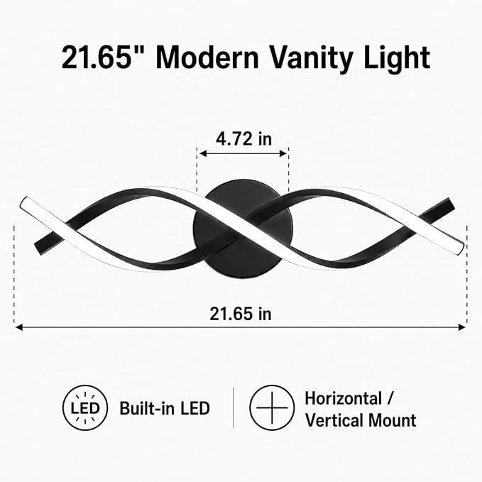 Modern Black LED Vanity Lighting,Bathroom Light Fixture Over Mirror,21 Inch,6000K Cool White