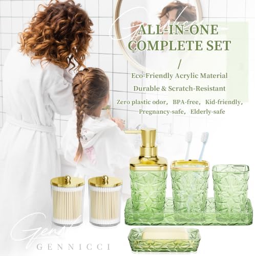 Green Bathroom Accessories Set 7 Pcs, Green Bathroom Sets, Acrylic Soap Dispenser and Toothbrush Holder Set, Qtip Holder Set, Bathroom Sink Set, Gift for Home Apartment