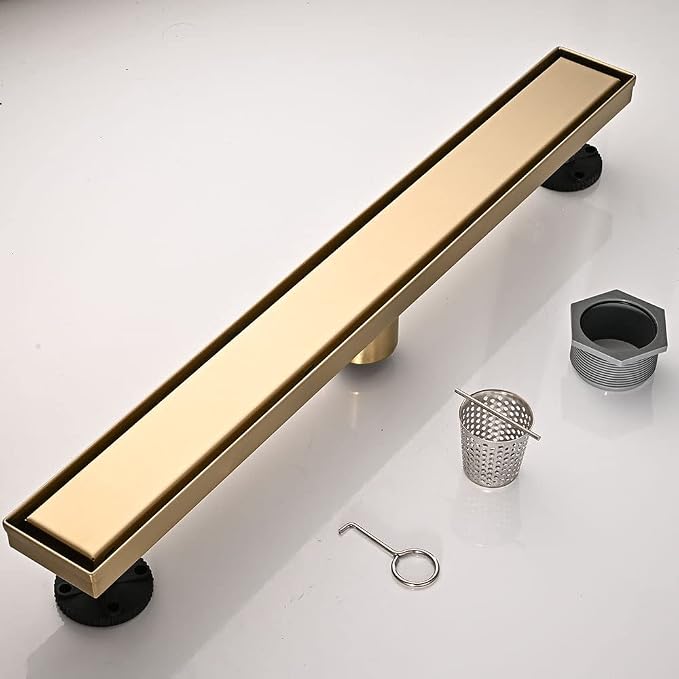 Linear Shower Floor Drain, Brushed Gold 40 Inch 304 Stainless Steel Bathroom Drains Kit, Rectangular Shower Trench Drain with Reversable Tile-in Pattern Drain Cover & Hair Catcher