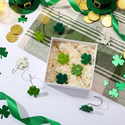 Thyle 12 Pcs St Patrick's Day Shamrock Shower Curtain Hooks, Clover Resin Ornament Rings Green Shamrock Curtain Hangers Irish Decorative Rings Accessories for Home Holiday Bathroom Restroom Decor