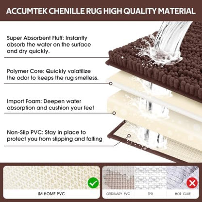 ACCUMTEK Upgrade Extra Large Brown Bathroom Rug Set 3 Pieces Ultra Soft, Thick Absorbent Bath Mats, Non Slip Chenille Toilet Mat for Bathroom, Bedroom, Kitchen, Dark Coffee