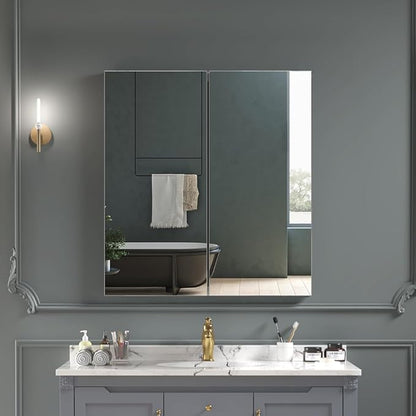 Quavikey Medicine Cabinet with Mirror for Bathroom 2 Doors Aluminum Surface Mount or Recessed Mirror Medicine Cabinet 24x26 Inch, Silver