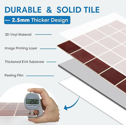 Thicker 3D Peel and Stick Backsplash Tiles, 10 Pcs 12" x 12" | Red, Glossy Self Adhesive Backsplash Sticker for Renter Friendly Kitchen Bathroom Wall Makeover, Cover 10 sq ft，Removable