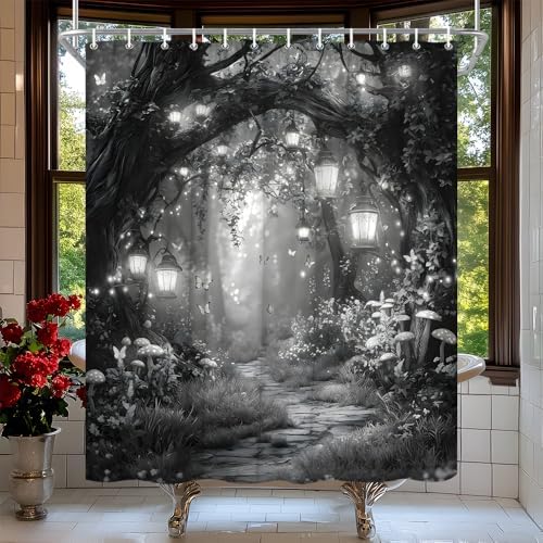 Fantasy Forest Path Shower Curtain Grey Fairy Magical Enchanted Misty Jungle Mushroom Floral Tree Butterfly Lantern Wonderland Bath Curtain Fabric Bathroom Accessories Decor with Hooks 75W x70L