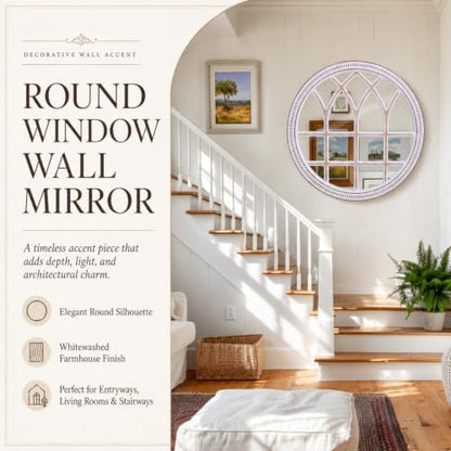 Round Window Mirror Wood 30 Inch Rustic Farmhouse Wall Mirrors for Entryway