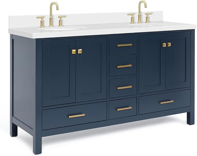ARIEL Cambridge 60-inch Bathroom Vanity with Sink,Solid Wood, 1.5-inch Pure White Quartz Countertop & Backsplash, Double Oval Porcelain Sink, 4 Soft Closing Doors, 6 Dovetail Drawers, Midnight Blue