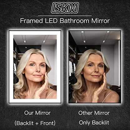 ISKM 40x24 Framed LED Bathroom Mirror, Dimmable Front & Backlit, Anti-Fog