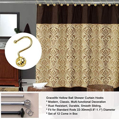 Gracelife 12Pcs Hollow Ball Shower Curtain Hooks Luxury Quality Rustproof Stainless Steel Shower Curtain Rings Hooks for Bathroom Rod (Gold)