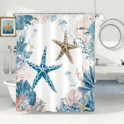 Coral Beach Shower Curtain for Bathroom, Ocean Coastal Theme, 72x72 In