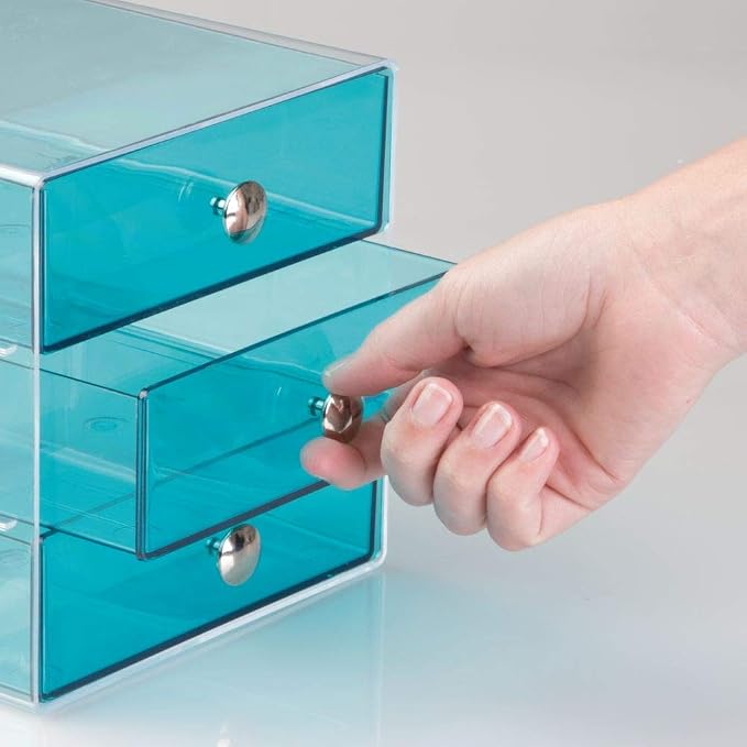 iDesign 3-Drawer Vanity Organizer, Aqua, 6.5" x 6.5" x 6.5" | BPA-Free Plastic