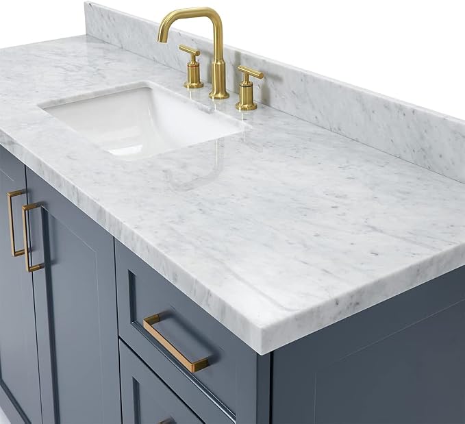 Emilia 60 Inch Bathroom Vanity Single Sink — Midnight Blue Bathroom Vanity with Sink, 1.5" Edge Italian Carrara Marble Countertop, Solid Wood, 2 Soft-Close Doors, 9 Dovetail Drawers