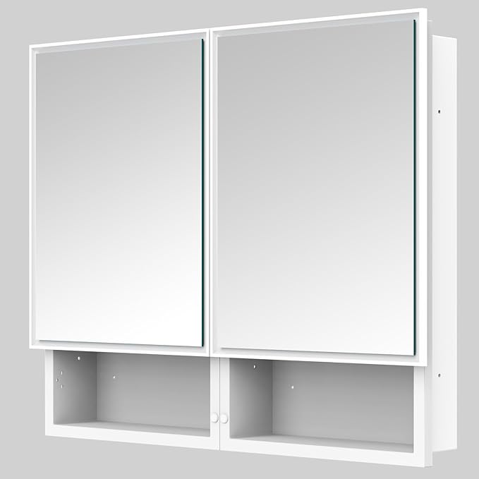 32x26 Inch Medicine Cabinet with Mirror, Bathroom Mirror Cabinet with Double Doors, Extra Storage Space, Bevel Mirror Wall Cabinet, Recessed or Surface Mount