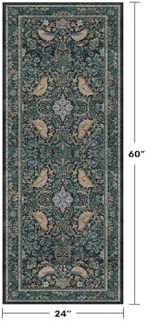 Boho 2x5 Entryway Indoor Runner for Bathroom - Botanical Bird Runner Rug for Kitchen Floor, Hallway, Bedroom, Entrance, Blue and Teal Neutral Vintage Decor, Washable Non Slip Low Pile