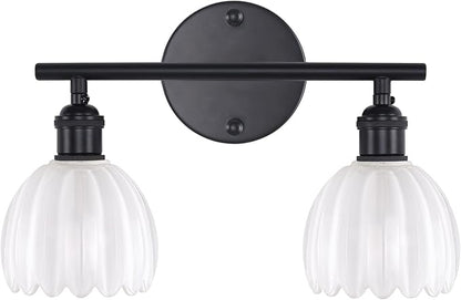 Bathroom Light Fixtures, 2-Light Black Vanity wall Light Over Mirror with White Tulip Glass Shade for Bedroom Living Room (Bulb Not Included)