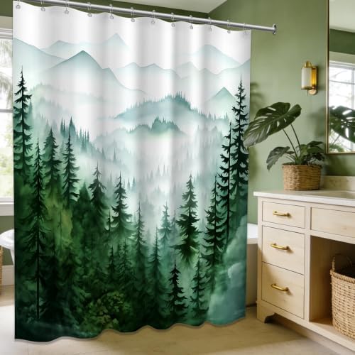 Dark Green and White Extra Long Shower Curtain, Tall 72X84 in, Forest
