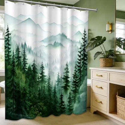 Dark Green and White Extra Long Shower Curtain, Tall 72X84 in, Forest