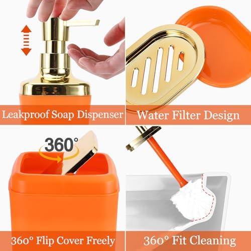 XLHOMO Bathroom Set - Orange Bathroom Accessories Set, Bathroom Sets with Shower Curtain and Rugs, Orange Shower Curtain Set with Bathroom Trash Can, Soap Dispenser, Soap Dish for Home Decor