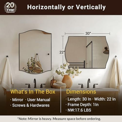 ANDY STAR Black Bathroom Mirror, 22"x30" Scalloped Wall Mirror in Stainless Steel Metal Frame, Unique Vanity Mirror with Modern Curved Edge Design, Ideal for Bathroom, Bedroom, Entryway