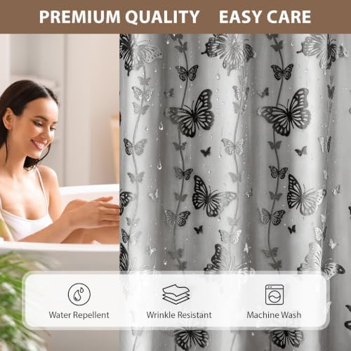 FADOTY No Hook Shower Curtain Snap in Liner Set with Grey Butterfly Design