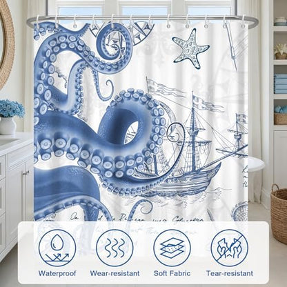 Ocean Theme Nautical Shower Curtain Set with 12 Hooks, Waterproof Bathroom Shower Curtain with Weighted Hem, Machine Washable Navy Blue Octopus Fabric Shower Curtains for Bathroom, 72"W x 72"L