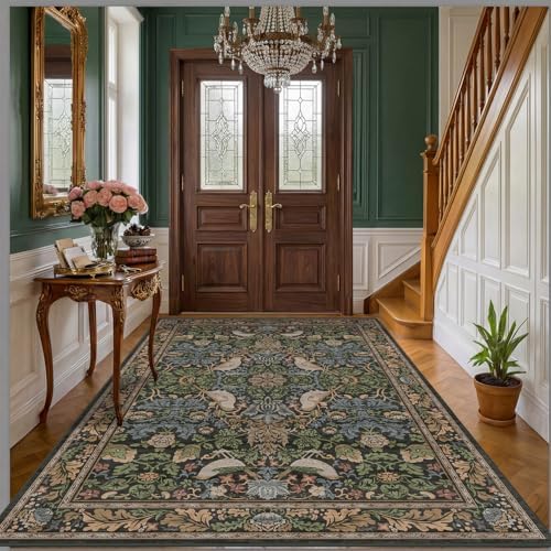 Hazo Haus Vintage Floral Area Rug 5x7 for Living Room - Dark Green Forest Bird Rugs for Bedroom, Dining Room, Office, Non Slip Stain Resistant Low Pile