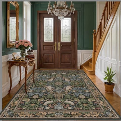 Hazo Haus Vintage Floral Area Rug 5x7 for Living Room - Dark Green Forest Bird Rugs for Bedroom, Dining Room, Office, Non Slip Stain Resistant Low Pile