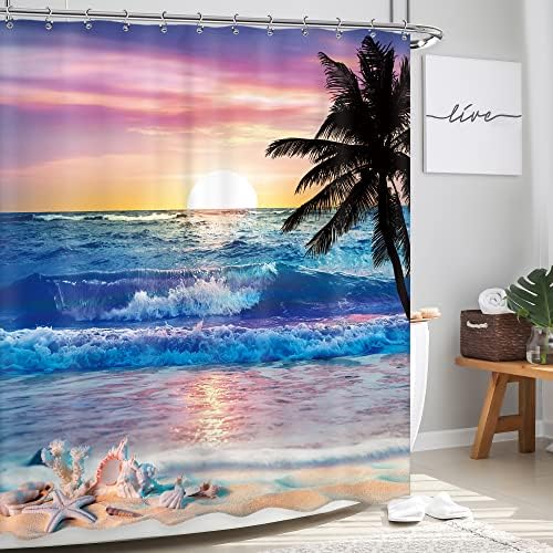 Ocean Sunrise Shower Curtain Beach Tropical Palm Tree Hawaiian Bathroom Set