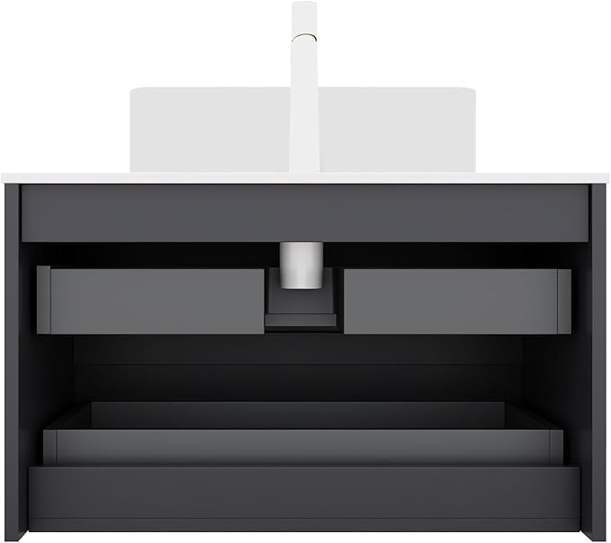 30'' Floating Vanity with Sink Combo, Modern Wall-Mounted Curved Edges Striped Bathroom Storage Cabinet with Soft-Close Drawer and White Artificial Marble Basin, Black