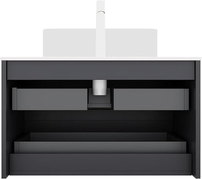 30'' Floating Vanity with Sink Combo, Modern Wall-Mounted Curved Edges Striped Bathroom Storage Cabinet with Soft-Close Drawer and White Artificial Marble Basin, Black