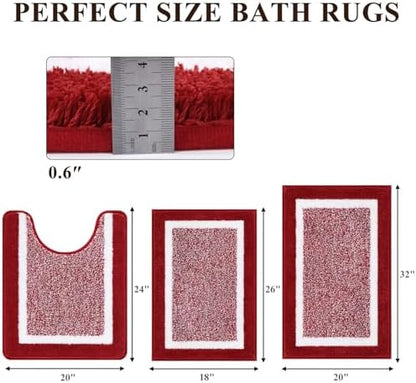 Pauwer 3 Piece Bathroom Rug Set, Non Slip Washable Bath Mat, Red