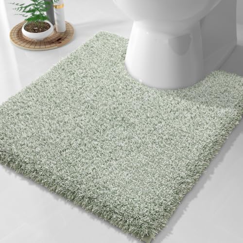 Yimobra Toilet Rugs U Shaped Washable 24X20, Ultra Soft and Water Absorbent Bath Mats, Non Slip Fluffy Shaggy Luxury Microfiber Contour Bath Rugs for Toilet, Dry Quick, Light Green and White