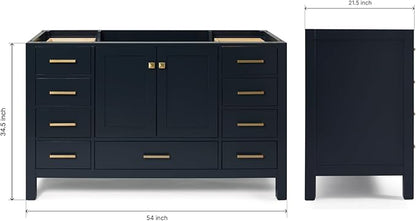ARIEL Cambridge 54-inch Bathroom Vanity Base Cabinet,Solid Wood, 2 Soft Closing Doors, 9 Dovetail Drawers, Midnight Blue
