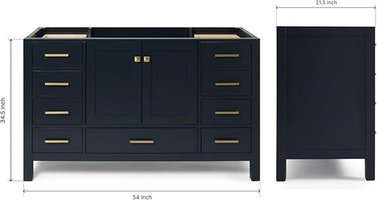 ARIEL Cambridge 54-inch Bathroom Vanity Base Cabinet,Solid Wood, 2 Soft Closing Doors, 9 Dovetail Drawers, Midnight Blue