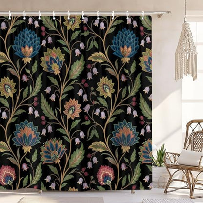Vintage Floral Shower Curtain for Bathroom, Rustic Farmhouse Black and Teal Sage Green Boho Botanical Shower Curtains, Retro Cottagecore Wildflower Aesthetic Bath Curtain Set with Hooks， 60 x 72 Inch