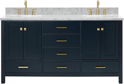 ARIEL Cambridge 66-inch Bathroom Vanity with Sink,Solid Wood, 0.75-inch Italian Carrara Marble Countertop, Double Rectangular Porcelain Sink, 4 Soft Closing Doors, 6 Dovetail Drawers, Midnight Blue